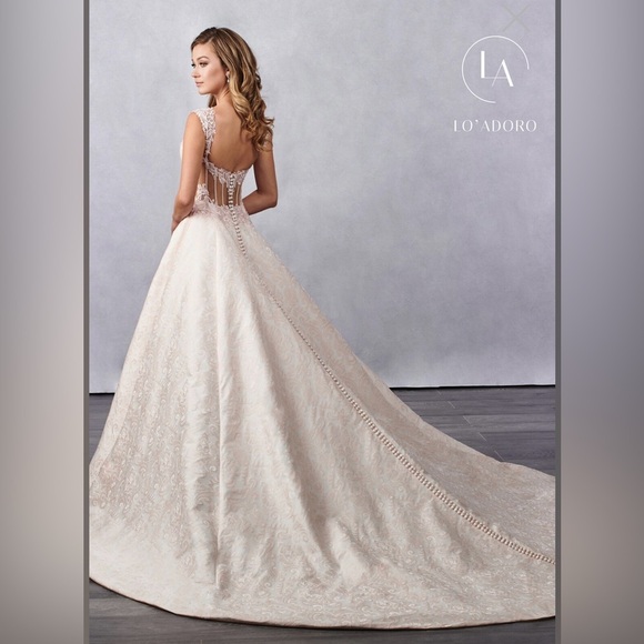 LO’ ADORO Nude Blush Corset Bodice Brocade Elegant Lace Wedding Dress - Picture 9 of 16